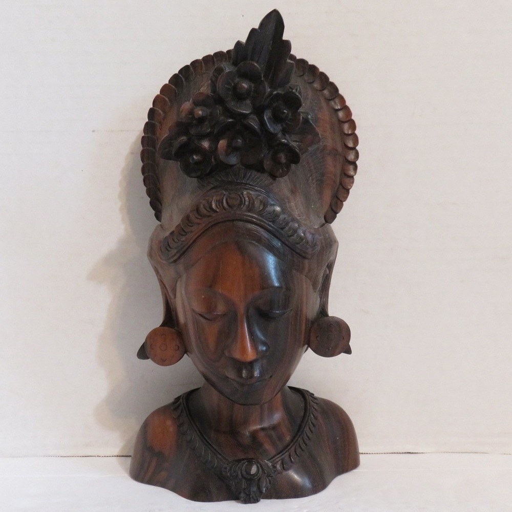 Vintage Wy Subur Mas Bali Hand Carved Wood Balinese Woman Bust Sculpture 9in
